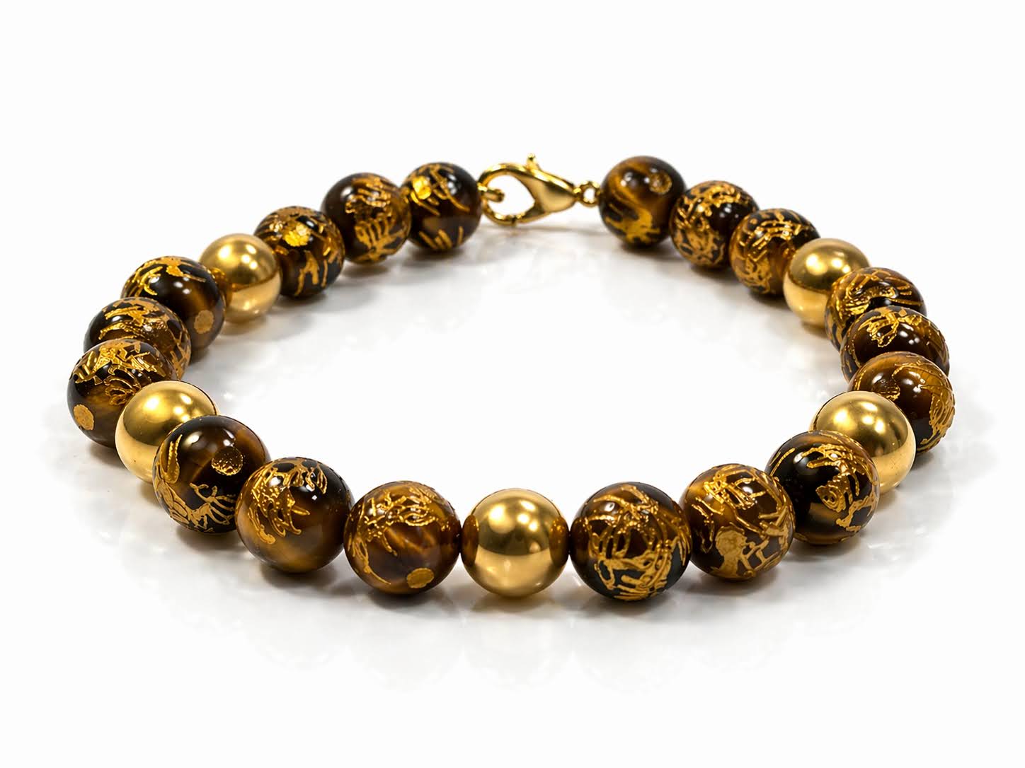 Tiger Eye Bracelet with Hand-Carved Detail and Gold-Plated 925 Silver