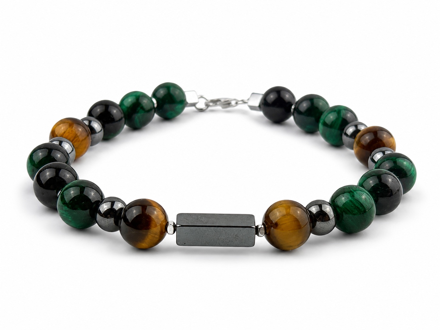 Gemora Malachite VIII – Malachite, Tiger Eye & Sterling Silver 925 Bracelet