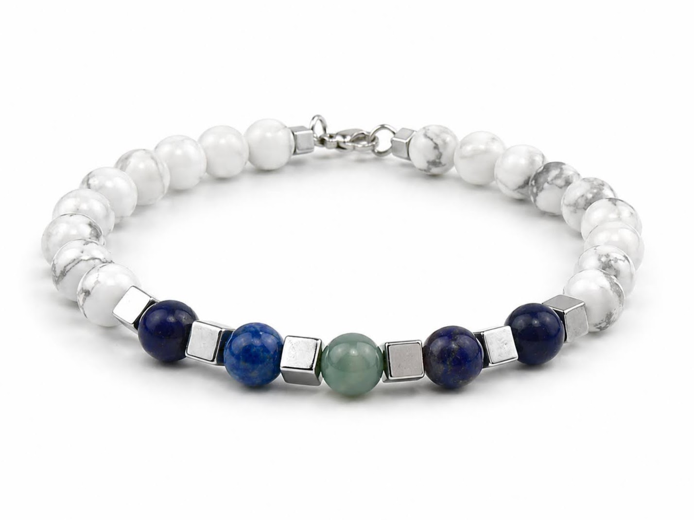 Gemora Howlite I – bracelet made of howlite, hematite, sodalite and 925 silver